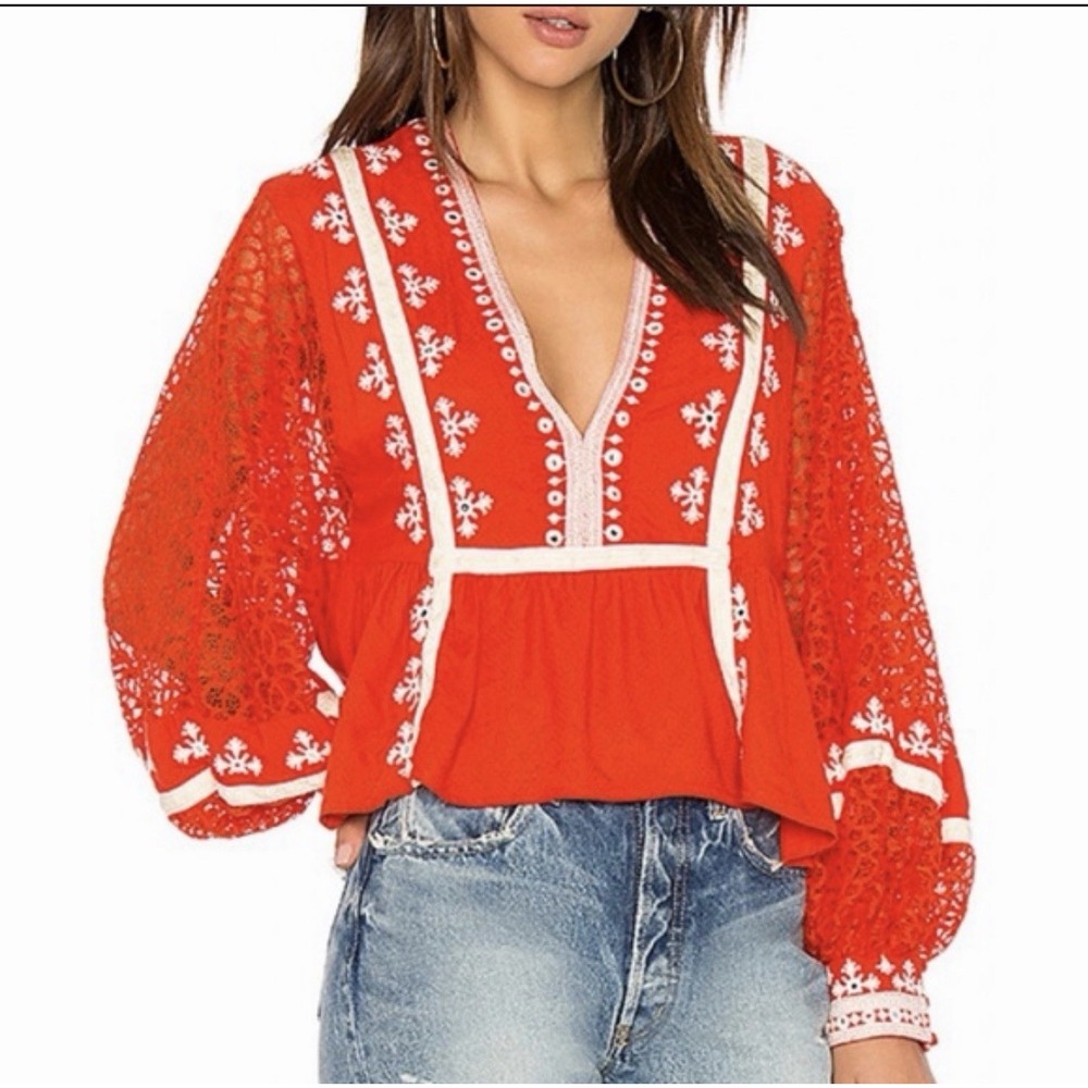 FREE PEOPLE Women's Red Boogie All Night Lace Balloon Sleeves Boho Top Sz S